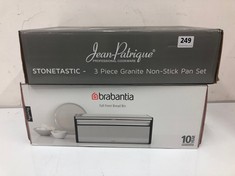 JEAN-PATRIGUE PROFESSIONAL COOKWARE STONETASTIC 3 PIECE GRANITE NON-STICK PAN SET & BRABANTIA FALL FRONT BREAD BIN (DELIVERY ONLY)