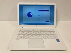 HP 14-AX003NS 32GB LAPTOP (ORIGINAL RRP - €198,86) IN WHITE: MODEL NO 7265NGW (WITH CHARGER. NO BOX, QWERTY KEYBOARD. CONTAINS THE Ñ). INTEL CELERON N3060 @ 1.60GHZ, 4GB RAM, 14.0" SCREEN, INTEL HD G
