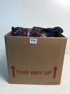BOX OF ASSORTED CLOTHING ITEMS IN VARIOUS DESIGNS, COLOURS & SIZES