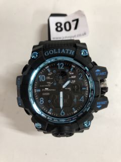 PRIMETIMES GOLIATH. MODEL PT1943. LIGHTWEIGHT ROBUST CHRONOGRAPHIC SPORT WATCH, 56MM DIAL, 18MM THICKNESS, BLACK FACE AND BLACK SILICONE STRAP WITH BLUE DETAILING. DIGITAL TIME & DISPLAY, GREEN LIGHT