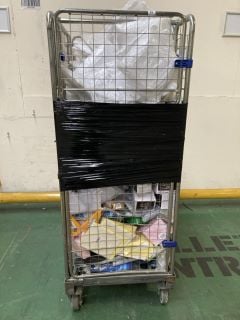 1 X CAGE OF ASSORTED GOODS TO INCLUDE PLASTIC FORKS, CAR PHONE HOLDERS & DESK MATS (CAGE NOT INCLUDED)