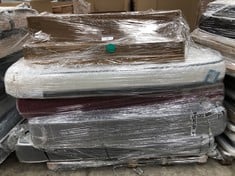 PALLET OF ASSORTED MATTRESSES INCLUDING GREY SOFA BED WITH ARMRESTS (MAY BE BROKEN, INCOMPLETE OR STAINED).
