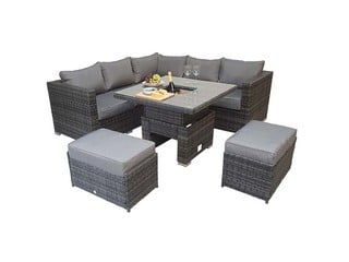 SIGNATURE WEAVE GEORGIA CORNER HI/LOW DINING SET WITH BENCHES IN MIXED GREY 8MM FLAT WEAVE. THIS DINING SET FEATURES AN ICE BUCKET RRP £849