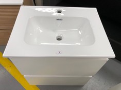 WHITE BATHROOM VANITY UNIT WITH DRAWER AND HINGED WHITE WASHBASIN MAY BE SCUFFED OR DAMAGED .
