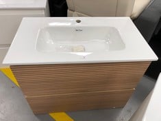 BATHROOM FURNITURE WITH WASHBASIN AND DRAWERS IN WOOD COLOUR MAY BE SCRATCHED OR DAMAGED .