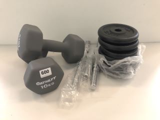 QTY OF WEIGHTLIFTING ITEMS INC 10KG DUMBBELLS