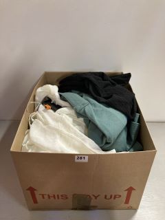 BOX OF ASSORTED CLOTHING ITEMS IN VARIOUS SIZES & DESIGNS INCLUDING CREW CLOTHING COMPANY