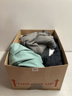 BOX OF ASSORTED CLOTHING ITEMS IN VARIOUS SIZES & DESIGNS INCLUDING JACK WILLS & UMBRO