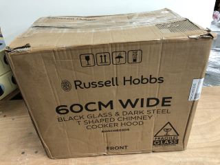 RUSSELL HOBBS 60CM WIDE BLACK GLASS & DARK STEEL T SHAPED CHIMNEY COOKER HOOD MODEL: RHGCH603DS