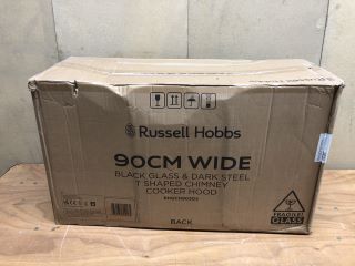 RUSSELL HOBBS 90CM WIDE BLACK GLASS & DARK STEEL T SHAPED CHIMNEY COOKER HOOD MODEL: RHGCH903DS