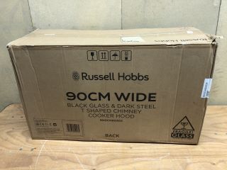 RUSSELL HOBBS 90CM WIDE BLACK GLASS & DARK STEEL T SHAPED CHIMNEY COOKER HOOD MODEL: RHGCH903DS