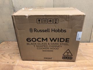 RUSSELL HOBBS 90CM WIDE BLACK GLASS & DARK STEEL T SHAPED CHIMNEY COOKER HOOD MODEL: RHGCH603DS