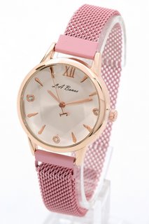LADIES LA BANUS WATCH. FEATURING A WHITE DIAL. GOLD COLOURED BEZEL AND CASE. PINK COLOURED CHAIN LINK METAL BRACELET WITH MAGNETIC CLASP: LOCATION - E0