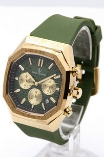 MEN'S LOUIS LACOMBE CHRONOGRAPH WATCH. FEATURING A GREEN DIAL WITH SUB DIALS, DATE, YELLOW GOLD COLOURED BEZEL AND CASE, W/R 3ATM. GREEN LEATHER STRAP. COMES WITH A GIFT BOX: LOCATION - E0