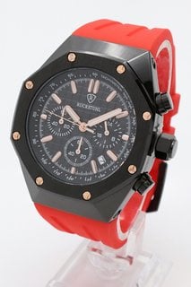 MEN’S RUCKSTUHL CHRONOGRAPH R500 WATCH. FEATURING A BLACK DIAL BEZEL AND CASE. DATE, W/R 3ATM. RED RUBBER STRAP: LOCATION - E0