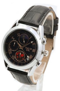 MEN'S TALIS CO 7120 CHRONOGRAPH WATCH. FEATURING A BLACK DIAL, SILVER COLOURED BEZEL AND CASE. MOON PHASE MOVEMENT. BLACK LEATHER STRAP: LOCATION - E0