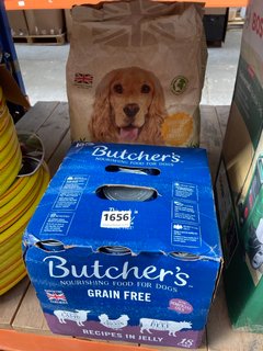 BOX OF BUTCHERS GRAIN FREE DOG FOOD TINS - BBE 7/26 TO ALSO INCLUDE PACK OF HARRINGTONS THE NATURAL CHOICE ADULT DOG BISCUITS - BBE 4/5/25: LOCATION - E4