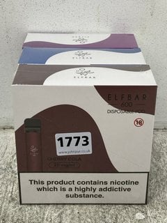 3 X BOXES OF ELF BAR DISPOSABLE VAPES IN CHERRY COLA/MAD BLUE/BLUEBERRY RASPBERRY (PLEASE NOTE: 18+YEARS ONLY. ID MAY BE REQUIRED): LOCATION - E0