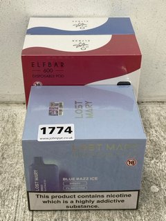 2 X BOXES OF ELF BAR DISPOSABLE VAPES IN STRAWBERRY RASPBERRY CHERRY ICE/MADE BLUE TO ALSO INCLUDE BOX OF LOST MARY DISPOSABLE VAPES IN BLUE RAZZ ICE (PLEASE NOTE: 18+YEARS ONLY. ID MAY BE REQUIRED):