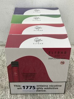 4 X BOXES OF ELF BAR DISPOSABLE VAPES IN VARIOUS FLAVOURS (PLEASE NOTE: 18+YEARS ONLY. ID MAY BE REQUIRED): LOCATION - E0
