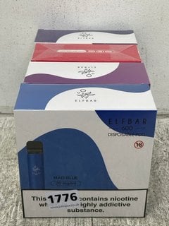 3 X BOXES OF ELF BAR DISPOSABLE VAPES IN MAD BLUE/BLUEBERRY RASPBERRY/BLUEBERRY TO ALSO INCLUDE BOX OF SIKE DISPOSABLE VAPES IN STRAWBERRY BLAST (PLEASE NOTE: 18+YEARS ONLY. ID MAY BE REQUIRED): LOCA