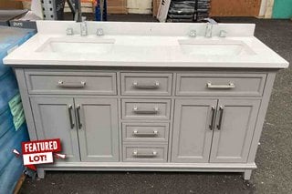 (COLLECTION ONLY) OVE DECORS FLOOR STANDING 4 DOOR 5 DRAWER TWIN SINK UNIT IN AMERICAN GREY WITH A WHITE ROCK GRANITE TWIN COUNTERTOP WITH BACKSPLASH PRE-DRILLED FOR 3TH BASIN MIXERS, TOP COMES COMPL