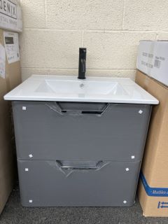 (COLLECTION ONLY) WALL HUNG 2 DRAWER SINK UNIT IN CLAY WITH 610 X 470MM 1TH CERAMIC BASIN COMPLETE WITH BLACK MONO BASIN MIXER TAP & SPRUNG WASTE - RRP £765: LOCATION - A5