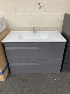 (COLLECTION ONLY) WALL HUNG 2 DRAWER SINK UNIT IN GREY WOOD GRAIN WITH 820 X 400MM 1TH CERAMIC BASIN COMPLETE WITH MONO BASIN MIXER TAP & CHROME SPRUNG WASTE - RRP £945: LOCATION - A5