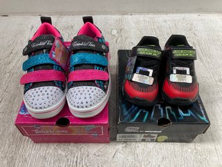 PAIR OF BOYS SKETCHERS LIGHT UP VELCRO STRAP TRAINERS IN BLACK/RED - UK 4 TO ALSO INCLUDE PAIR OF GIRLS SKETCHER TWINKLE TOES VELCRO STRAP TRAINERS IN MULTI - UK 11.5: LOCATION - B15
