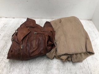 WOMENS LEATHER TIE BELT JACKET IN BROWN - SIZE 38 TO ALSO INCLUDE BALMAIN FUR LINED JACKET IN BEIGE - SIZE 36: LOCATION - C17