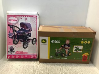 BAYER TRENDY CHILDRENS PRAM IN PINK/NAVY TO ALSO INCLUDE ROLLY MINITRAC JOHN DEERE RIDE ALONG TRACTOR: LOCATION - C12