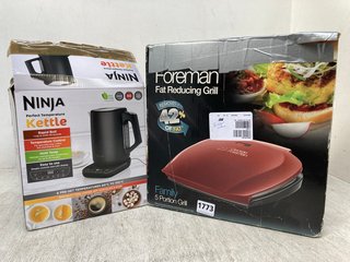 NINJA PERFECT TEMPERATURE 1.7 LITRE KETTLE IN BLACK TO ALSO INCLUDE GEORGE FOREMAN FAT REDUCING GRILL: LOCATION - D16