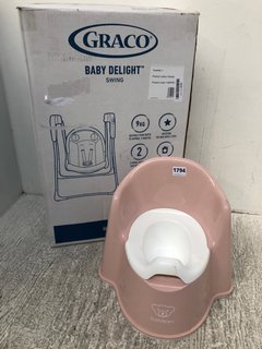 GRACO BABY DELIGHT SWING IN PARADE DESIGN TO ALSO INCLUDE BABY BJORN POTTY CHAIR IN PINK: LOCATION - D17