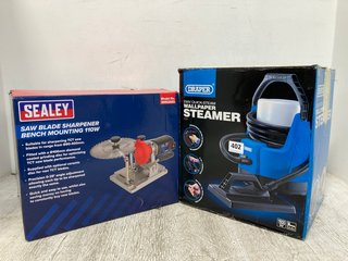 DRAPER 230V QUICK STEAM WALL PAPER STEAMER TO ALSO INCLUDE SEALEY 110W BENCH MOUNTING SAW BLADE SHARPENER: LOCATION - A15