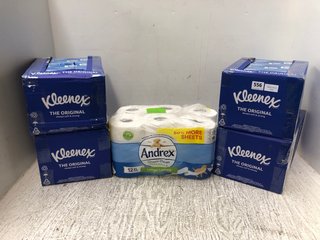 4 X BOXES OF KLEENEX THE ORIGINAL TISSUES TO ALSO INCLUDE PACK OF ANDREX CLASSIC CLEAN MEGA TOILET ROLLS: LOCATION - A7