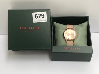 TED BAKER LONDON ROSE GOLD WATCH WITH SUNRAY DIAL & WHITE CRYSTAL STARS WITH PINK LEATHER STRAP - RRP £150.00: LOCATION - A1