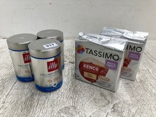 2 X PACKS OF 8 TASSIMO KENCO FLAT WHITE COFFEE PODS - BBE: 11.12.2024 TO ALSO INCLUDE 3 X TUBS OF ILLEY DECAFFEINATO COFFEE POWDER - BBE: 10.2025: LOCATION - B8