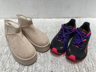 PAIR OF HOVR MACHINA STORM TRAINERS IN MULTI COLOUR - SIZE UK 3.5 TO ALSO INCLUDE PAIR OF FLEECE LINED PLATFORM ANKLE BOOTS IN BEIGE - SIZE UK 6: LOCATION - B12