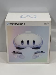 META QUEST 3 ALL-IN-ONE VR 128 GB GAMES CONSOLE: MODEL NO S3A (WITH BOX, 2X HANDHELD CONTROLLERS, CHARGER PLUG AND CABLE) [JPTM114740]