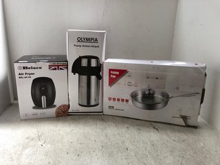 3 X ITEMS TO INCLUDE BELACO SINGLE DRAWER AIR FRYER, OLYMPIA PUMP ACTION AIRPOT DRINKS SYSTEM & 28CM FRYING PAN & LID: LOCATION - AR10
