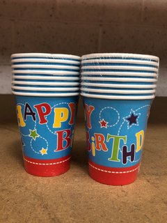 QTY OF HAPPY BIRTHDAY PAPER CUPS FOR CHILDRENS PARTY: LOCATION - BR14