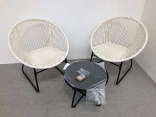 2 X WHITE LARGE GARDEN SEATS WITH BLACK FRAME TO INCLUDE BLACK ROUND GARDEN TABLE: LOCATION - A5