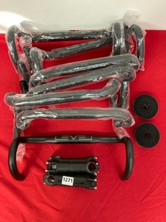 QTY OF ASSORTED BIKE PARTS AND ACCESSORIES TO INCLUDE LEVEL BIKE HANDLEBAR IN BLACK TO INCLUDE LEVEL 3 CARBON LOOK HANDLEBAR STEM: LOCATION - BR6