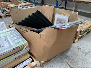 PALLET OF ASSORTED ITEMS TO INCLUDE MINKY ERGO IRONING BOARD IN GREEN AND BLACK: LOCATION - A4 (KERBSIDE PALLET DELIVERY)