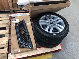 QTY OF VEHICLE ITEMS TO INCLUDE SEAT RADIATOR COVER AND 2 X RIMS WITH TRAZANO TYRES INCLUDED: LOCATION - A6 (KERBSIDE PALLET DELIVERY)