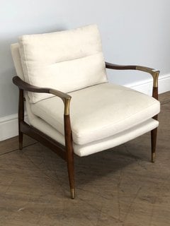 THEODORE ACCENT ARMCHAIR IN NATURAL LINEN AND WALNUT/BRASS - RRP £995: LOCATION - D1