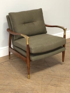 THEODORE ACCENT ARMCHAIR IN FOREST LINEN AND WALNUT/BRASS - RRP £995: LOCATION - D1