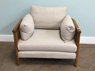 SYDNEY CANE ARMCHAIR IN WASHED LINEN FLAX RRP - £1695: LOCATION - D2