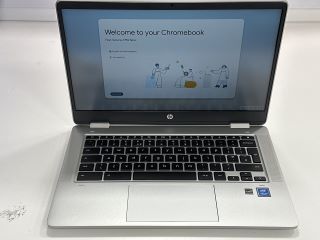HP CHROMEBOOK X360 128 GB LAPTOP (ORIGINAL RRP - £399) IN SILVER: MODEL NO 14A-CA0010NA (WITH BOX & MAINS POWER CABLE, MINOR COSMETIC IMPERFECTIONS) INTEL PENTIUM SILVER N5030 @ 1.10GHZ, 4 GB RAM, 14