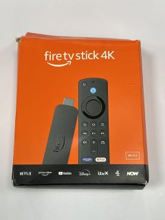 AMAZON FIRE TV STICK 4K WITH ALEXA VOICE REMOTE (INCLUDES TV CONTROLS) TV STREAMING STICK IN BLACK (WITH BOX & ALL ACCESSORIES, DAMAGE TO BOX) [JPTM114722] THIS PRODUCT IS FULLY FUNCTIONAL AND IS PAR